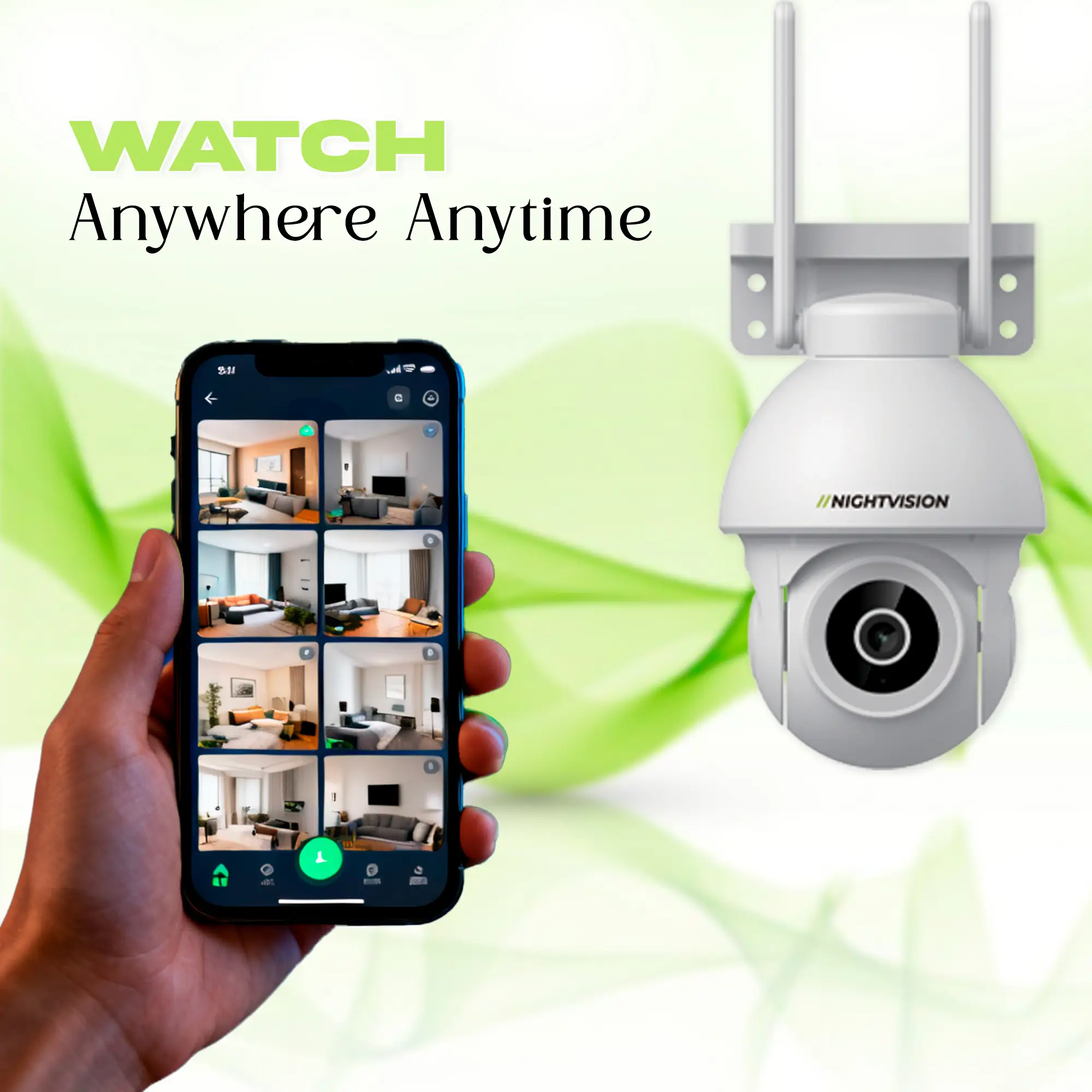 Home 10 A hand holding a smartphone displaying a security camera app interface with multiple live video feeds, alongside a Nightvision wireless dome security camera with two antennas.