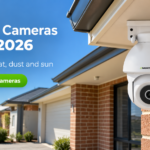 Security camera mounted on a brick house exterior in Perth, with text promoting outdoor security cameras built for WA heat, dust, and sun.