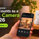 NV NightVision T5P outdoor bullet security camera featured in a modern living room smart home setup, with a smartphone displaying a live camera feed and a smart speaker nearby.