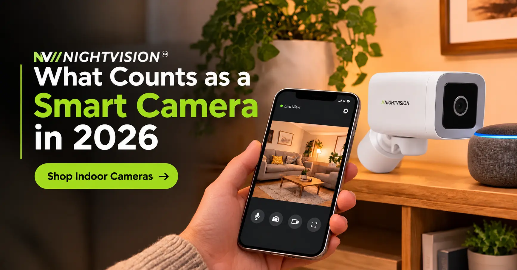 NV NightVision T5P outdoor bullet security camera featured in a modern living room smart home setup, with a smartphone displaying a live camera feed and a smart speaker nearby.