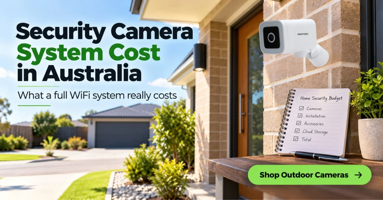 NV NightVision WiFi security camera beside a home budget notepad, illustrating security camera system cost planning for an Australian home.