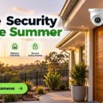 A tidy Australian weatherboard home at golden hour with a cleared, low-fuel garden and gutters, an NV NightVision outdoor bullet camera mounted under the eave beside the front door, bushland softly visible behind the fence line, calm and reassuring mood.