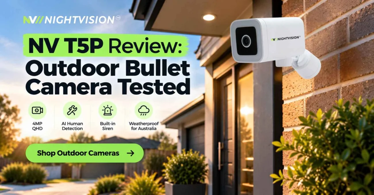 An NV T5P-Ratri bullet camera mounted above a front door on a brick Australian home in late-afternoon light, clean modern facade, warm reassuring mood, camera clearly visible and in focus.