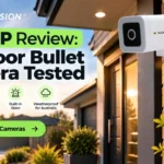 An NV T5P-Ratri bullet camera mounted above a front door on a brick Australian home in late-afternoon light, clean modern facade, warm reassuring mood, camera clearly visible and in focus.
