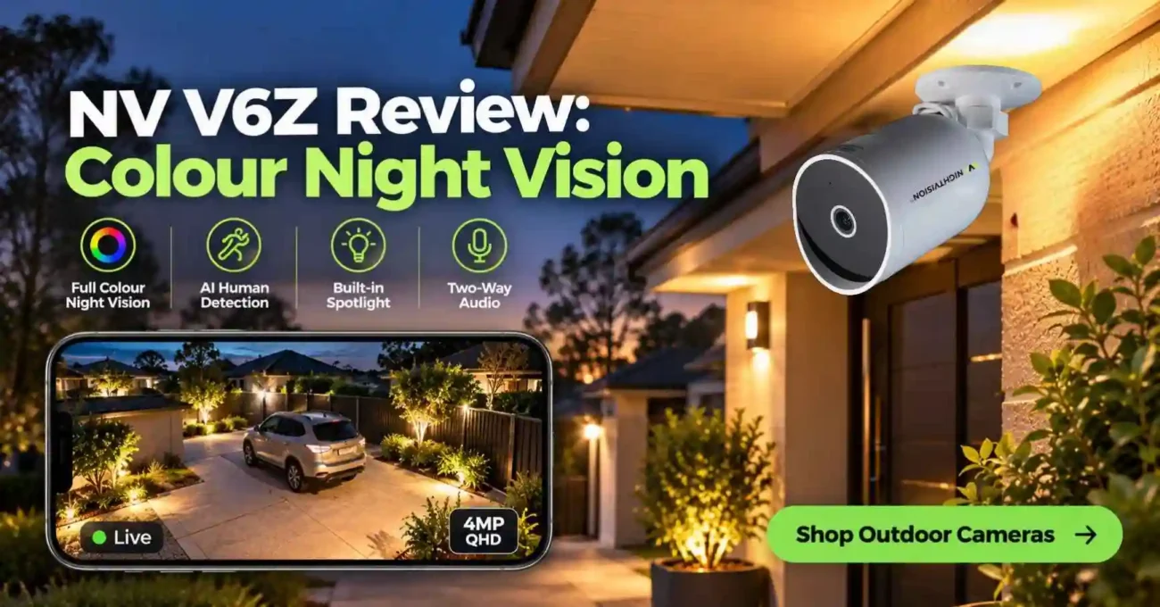NV V6Z Review Australia 2026: Night Vision Solution 2 A suburban Australian front entry at dusk lit by a warm porch light, an NV NightVision V6Z camera mounted under the eave, with a phone screen inset showing a full-colour night footage frame of the driveway, clean and reassuring mood.