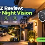A suburban Australian front entry at dusk lit by a warm porch light, an NV NightVision V6Z camera mounted under the eave, with a phone screen inset showing a full-colour night footage frame of the driveway, clean and reassuring mood.