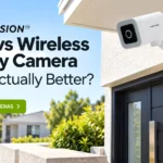 Modern Australian home entrance with a charcoal front door, bright blue sky, and green landscaping, featuring a clean, camera-free exterior. Banner headline: “Wired vs Wireless Security Camera: What’s Actually Better?” with a green “Shop Outdoor Cameras” CTA.