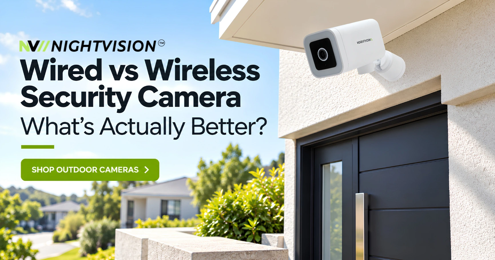 Modern Australian home entrance with a charcoal front door, bright blue sky, and green landscaping, featuring a clean, camera-free exterior. Banner headline: “Wired vs Wireless Security Camera: What’s Actually Better?” with a green “Shop Outdoor Cameras” CTA.